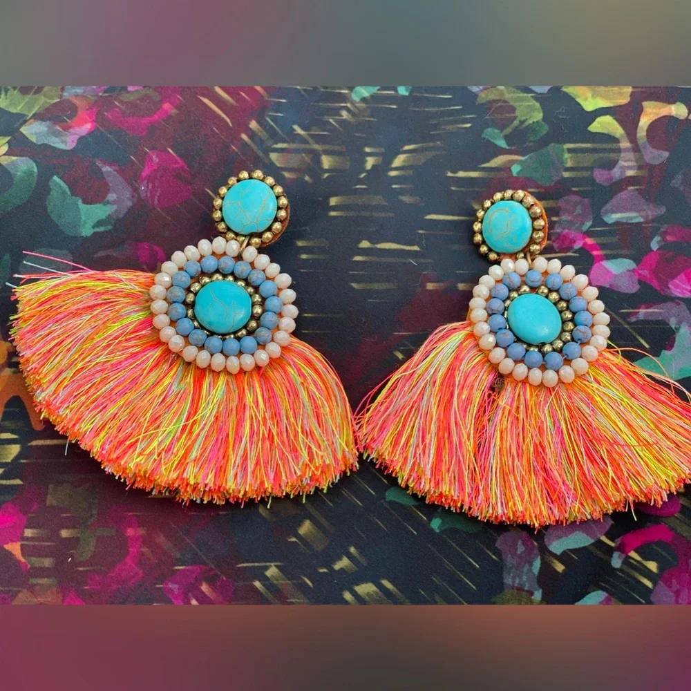 NEIMAN MARCUS Hand Beaded Fringe Statement Earrings - Picture 11 of 15